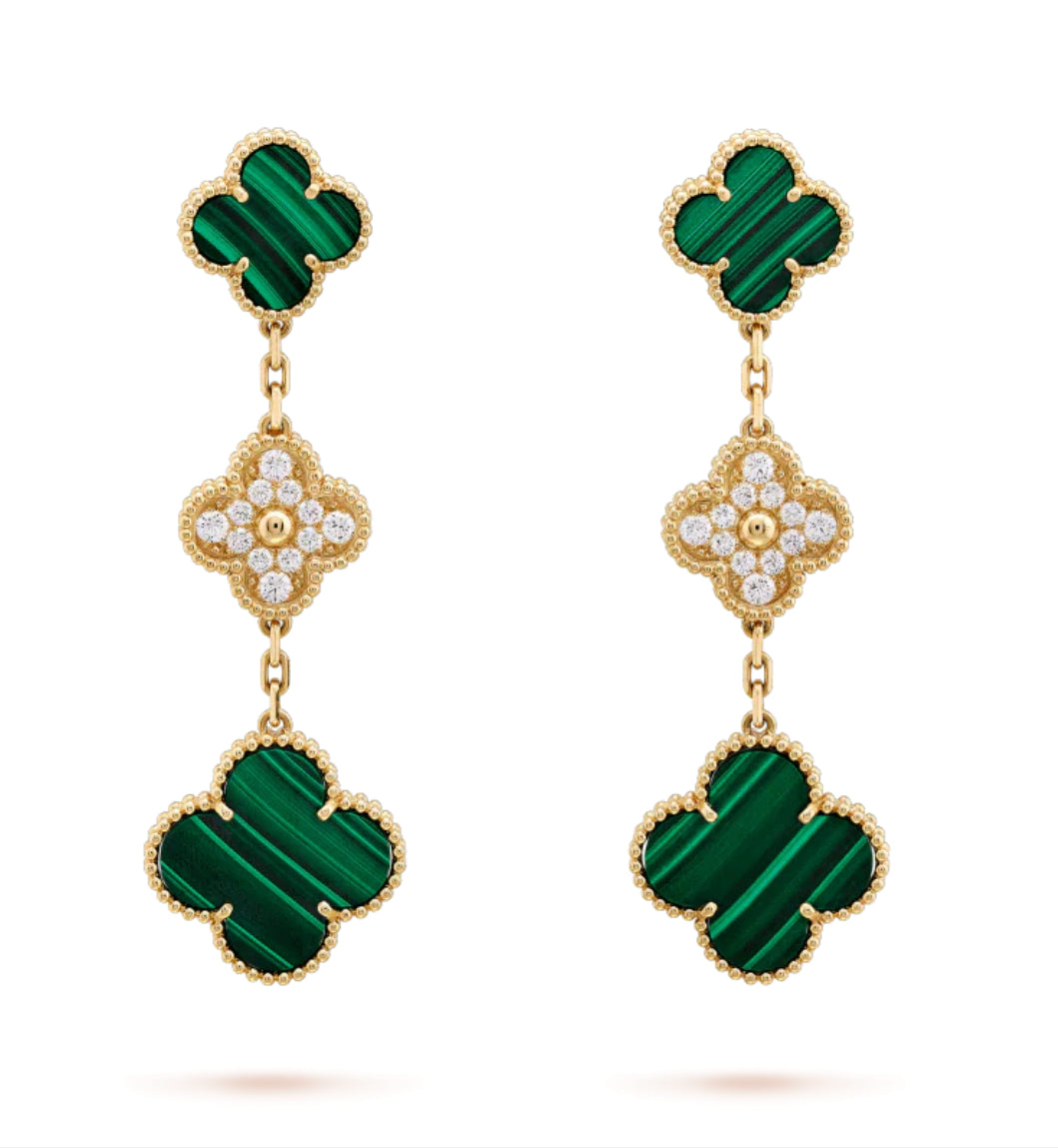 Eternal Triple Clover Green Malachite Gold Zircon Earrings, 18k Gold Plated, 925 Sterling Silver