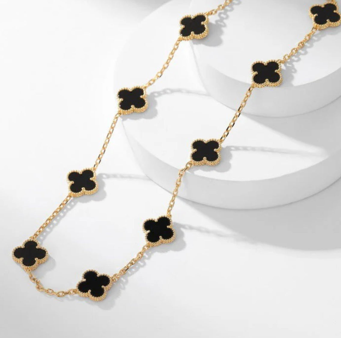 Eternal 10 Motifs Onyx Black Long Necklace, 18k Gold Plated, 925 Sterling Silver