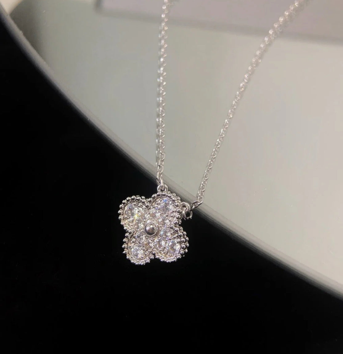 Eternal Single Clover Silver Diamond Necklace, 925 Sterling Silver