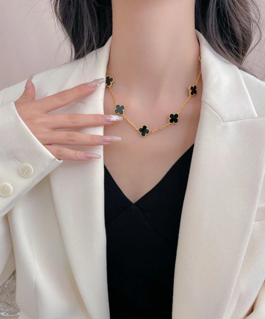 Eternal 10 Motifs Onyx Black Long Necklace, 18k Gold Plated, 925 Sterling Silver