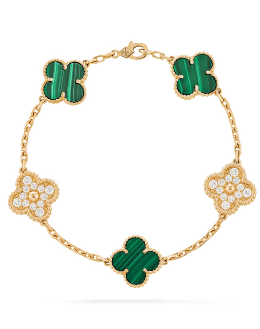 Eternal Malachite Diamond Clover Leaf Bracelet, 18k Gold Plated, 925 Sterling Silver