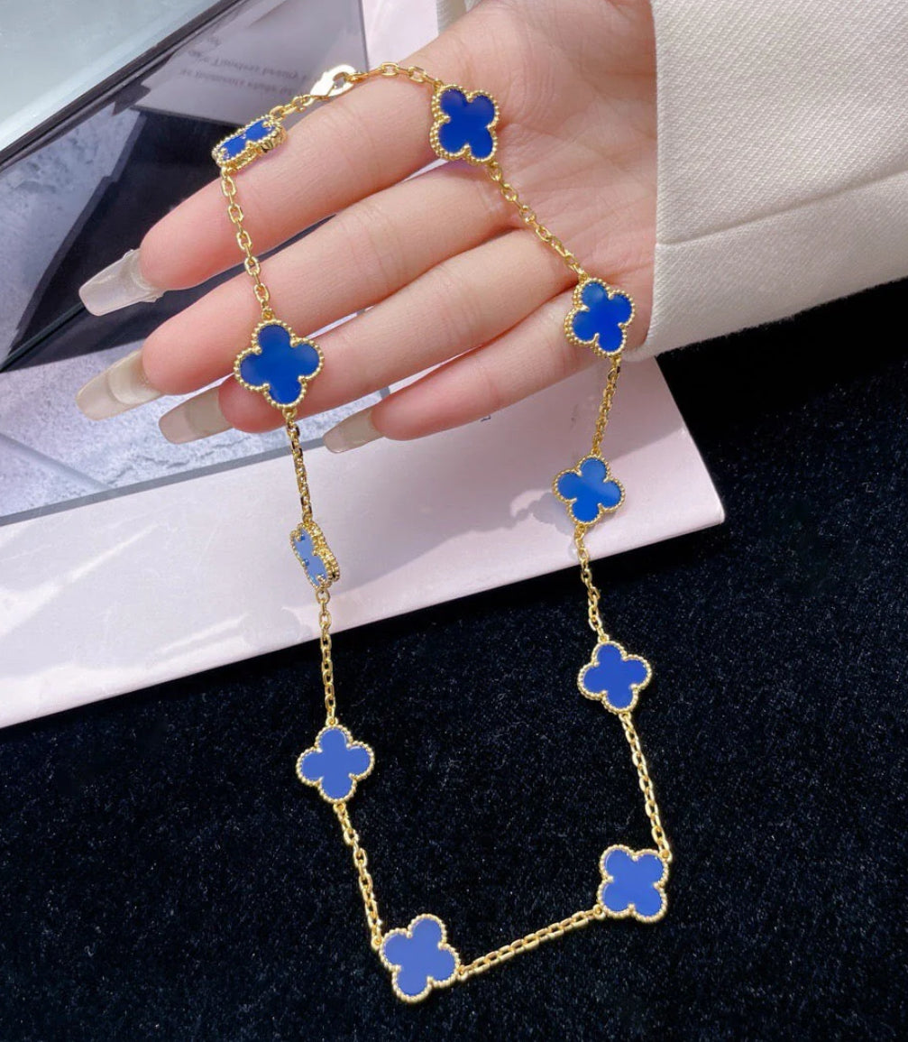 Eternal 10 Motifs Blue Agate Long Necklace, 18k Gold Plated, 925 Sterling Silver