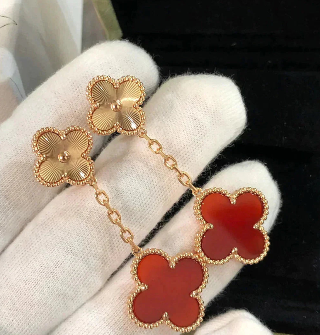 Eternal Double Clover Red Carnelian Gold Earrings, 18k Gold Plated, 925 Sterling Silver