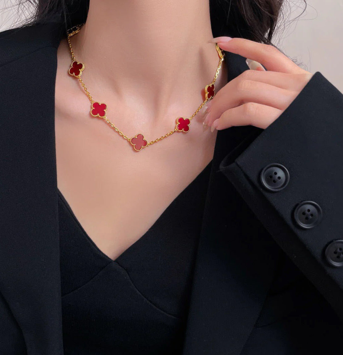 Eternal 10 Motifs Red Carnelian Long Necklace, 18k Gold Plated, 925 Sterling Silver