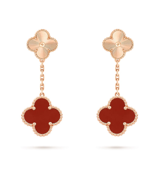 Eternal Double Clover Red Carnelian Gold Earrings, 18k Gold Plated, 925 Sterling Silver