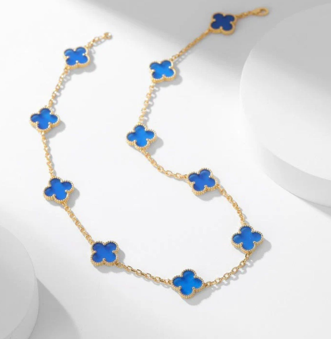 Eternal 10 Motifs Blue Agate Long Necklace, 18k Gold Plated, 925 Sterling Silver