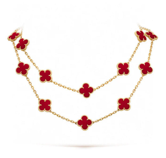 Eternal 20 Motifs Red Carnelian Long Necklace, 18k Gold Necklace, 925 Sterling Silver