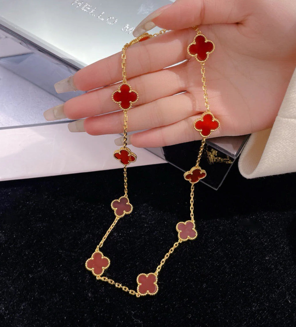 Eternal 10 Motifs Red Carnelian Long Necklace, 18k Gold Plated, 925 Sterling Silver