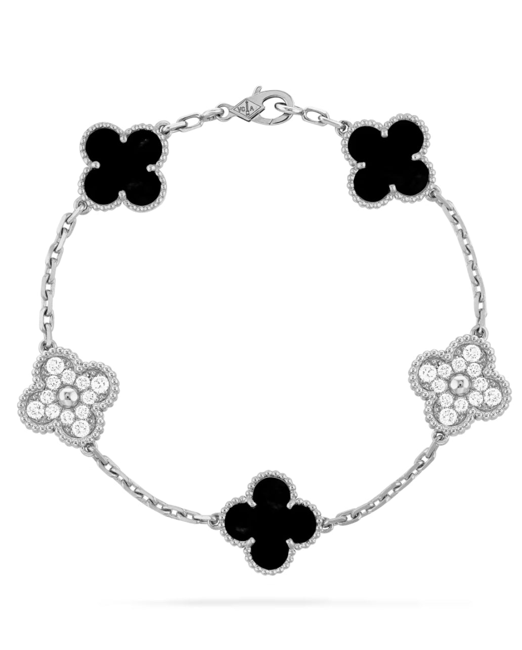 Eternal Clover Onyx Diamond Leaf Bracelet, 925 Sterling Silver