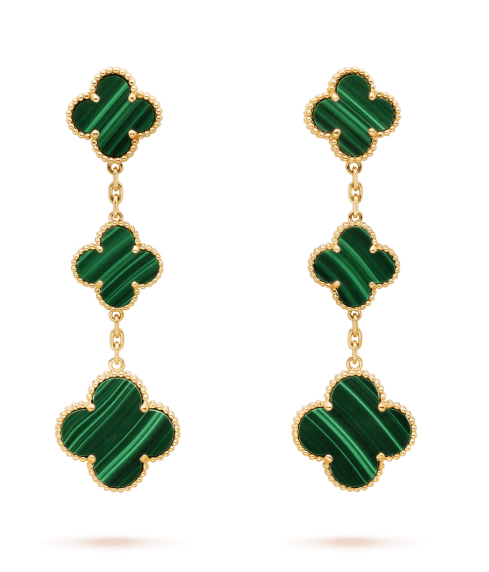 Eternal Triple Clover Green Malachite Earrings, 18k Gold Plated, 925 Sterling Silver