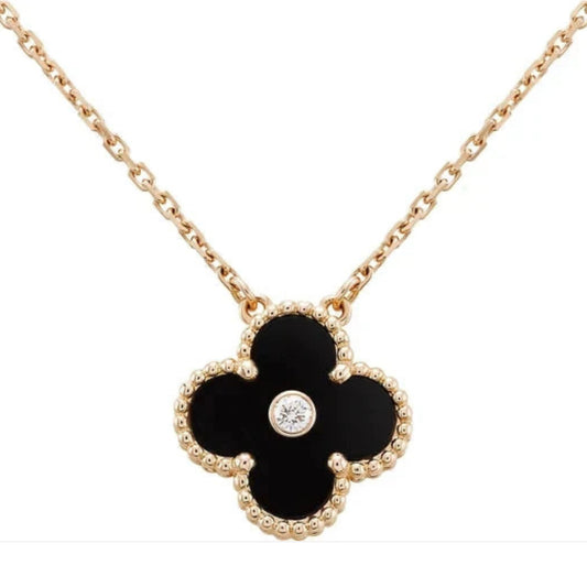 Eternal Diamond Onyx Single Clover Necklace, 18k Gold Plated, 925 Sterling Silver