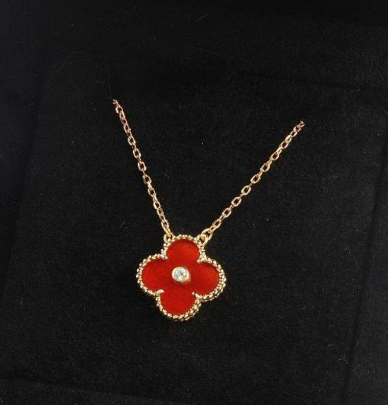 Eternal Red Carnelian Diamond Single Clover Necklace, 18k Gold Plated, 925 Sterling Silver