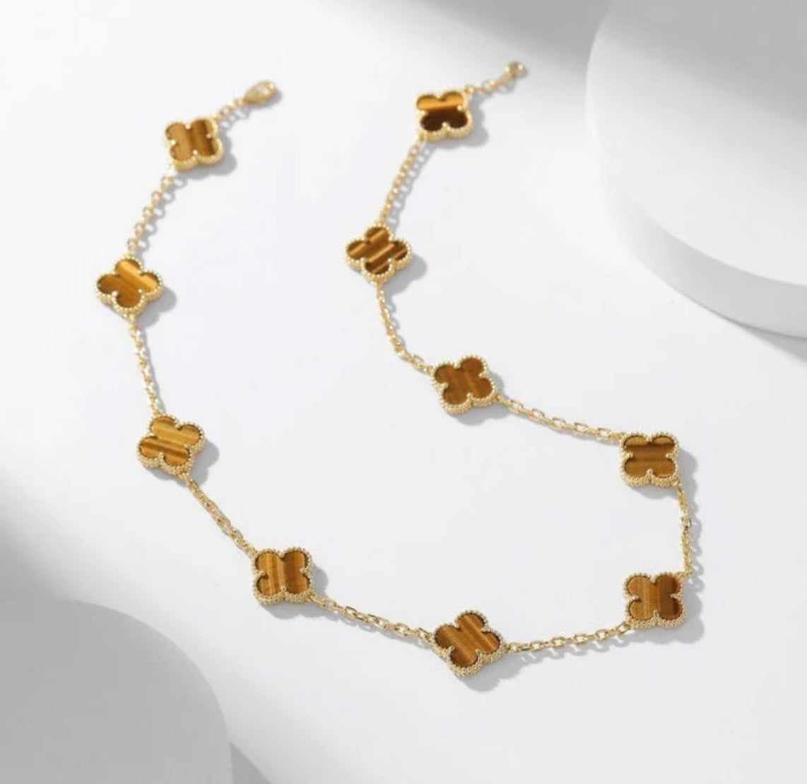 Eternal 10 Motifs Tiger Eye Long Necklace, 18k Gold Plated, 925 Sterling Silver