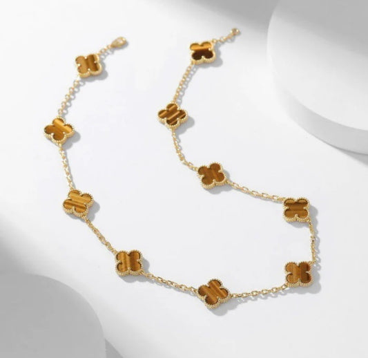 Eternal 10 Motifs Tiger Eye Long Necklace, 18k Gold Plated, 925 Sterling Silver