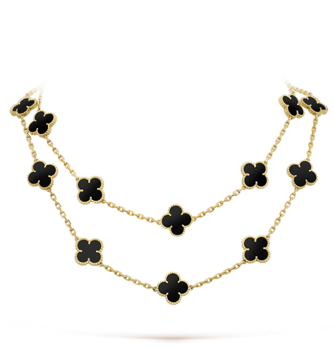 Eternal 20 Motifs Black Onyx Long Necklace, 18k Gold Plated, 925 Sterling Silver