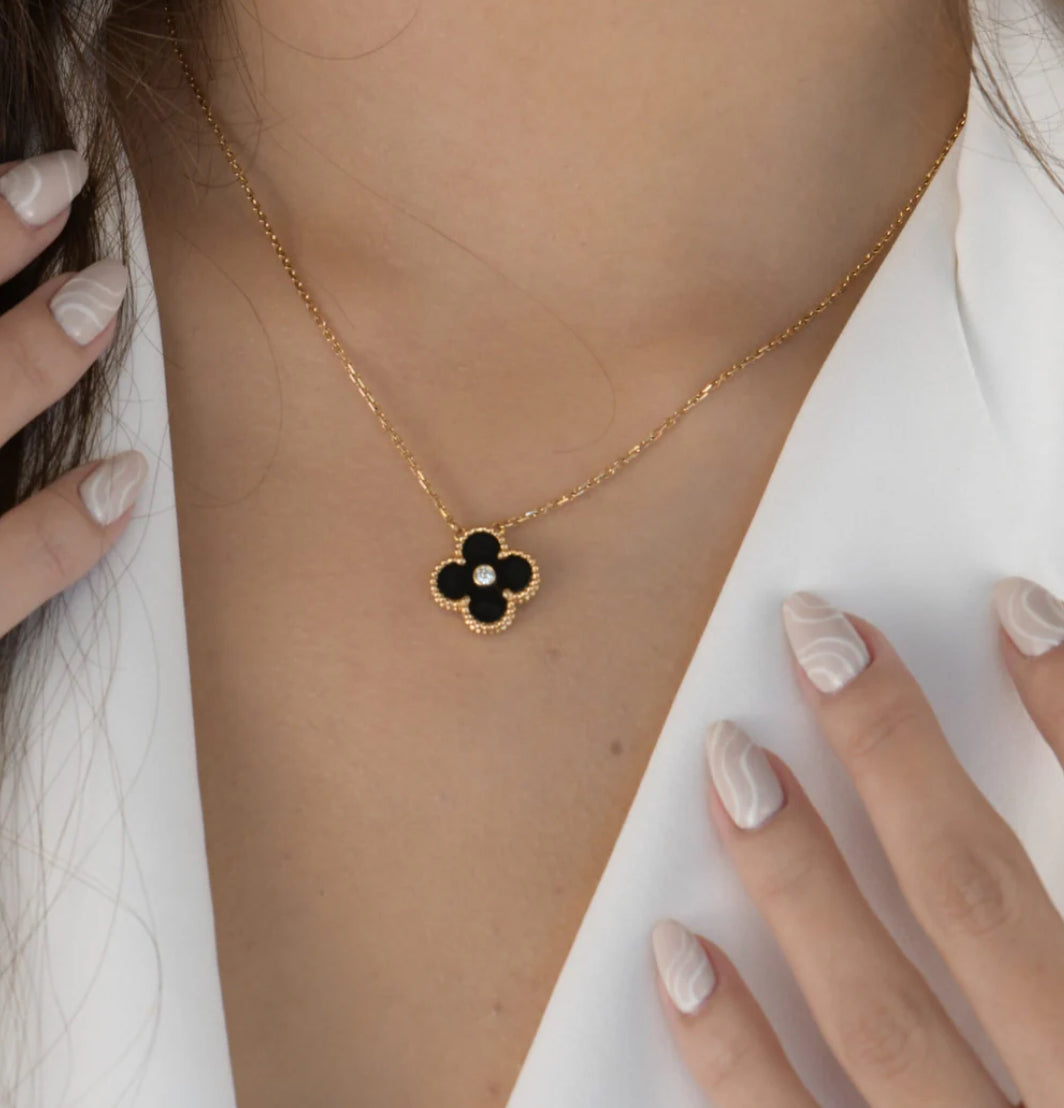 Eternal Diamond Onyx Single Clover Necklace, 18k Gold Plated, 925 Sterling Silver