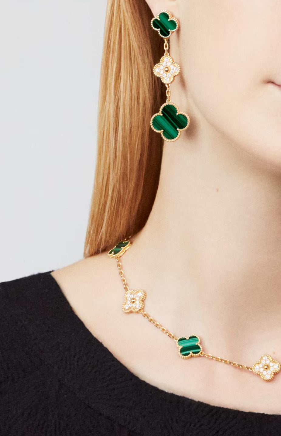 Eternal 10 Motifs Green Malachite Gold Zircon Clover Necklace, 18k Gold Plated, 925 Sterling Silver