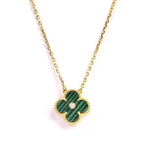 Eternal Green Malachite Diamond Single Clover Necklace, 18k Gold Plated, 925 Sterling Silver