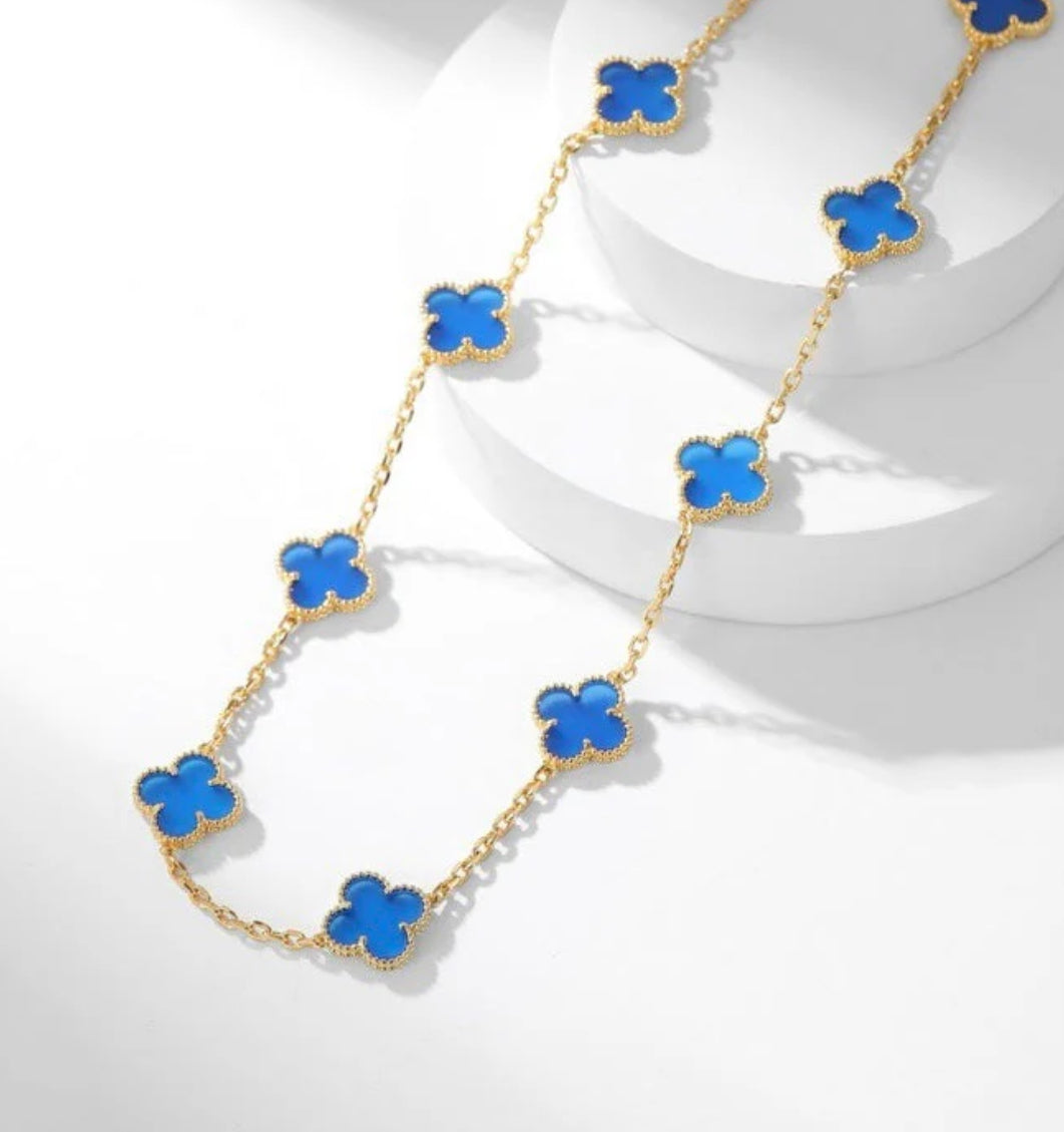 Eternal 10 Motifs Blue Agate Long Necklace, 18k Gold Plated, 925 Sterling Silver