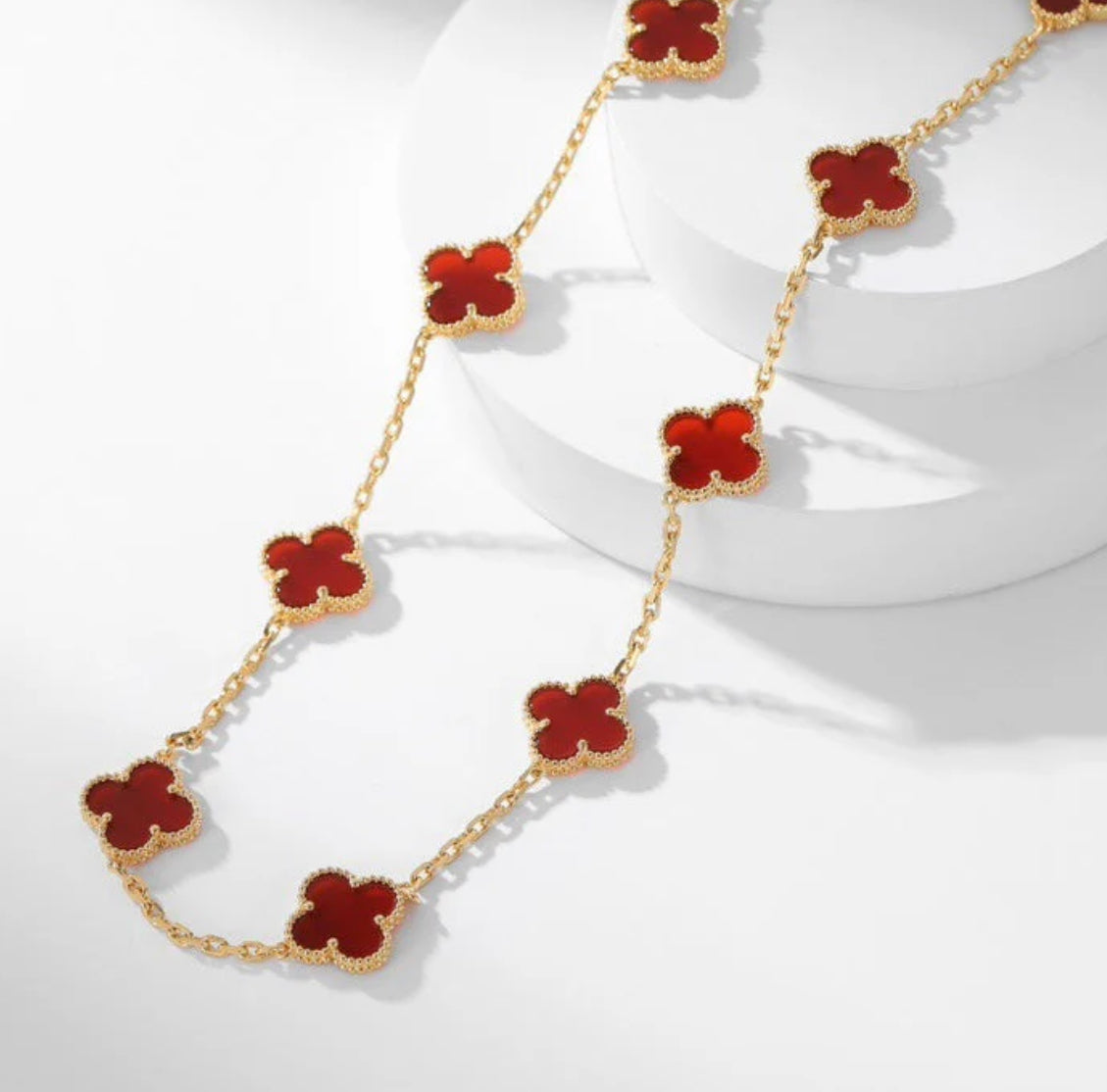 Eternal 10 Motifs Red Carnelian Long Necklace, 18k Gold Plated, 925 Sterling Silver