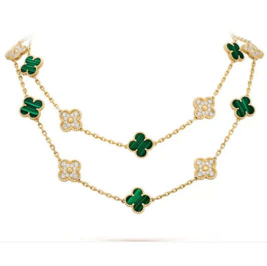 Eternal 20 Motifs Green Malachite Gold Necklace, 18k Gold Plated, 925 Sterling Silver