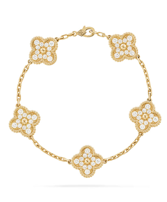 Eternal Full Diamond Clover Leaf Bracelet, 18k Gold Plated, 925 Sterling Silver