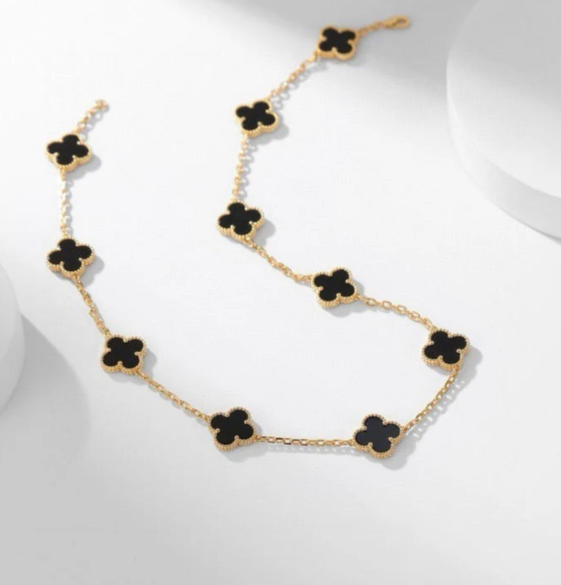 Eternal 10 Motifs Onyx Black Long Necklace, 18k Gold Plated, 925 Sterling Silver