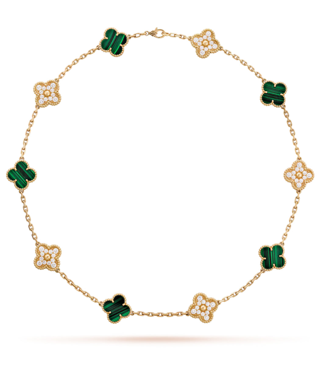 Eternal 10 Motifs Green Malachite Gold Zircon Clover Necklace, 18k Gold Plated, 925 Sterling Silver