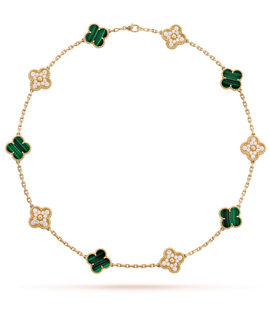 Eternal 10 Motifs Green Malachite Gold Zircon Clover Necklace, 18k Gold Plated, 925 Sterling Silver