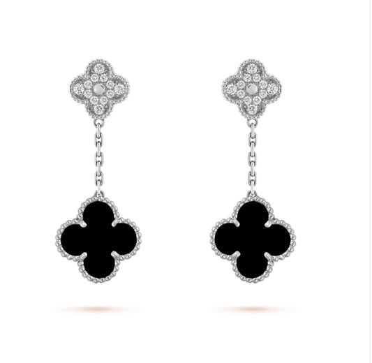 Eternal Double Clover Black Onyx Diamond, 925 Sterling Silver Earrings