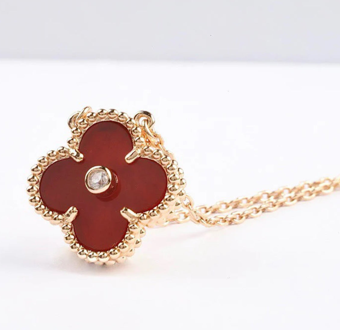 Eternal Red Carnelian Diamond Single Clover Necklace, 18k Gold Plated, 925 Sterling Silver