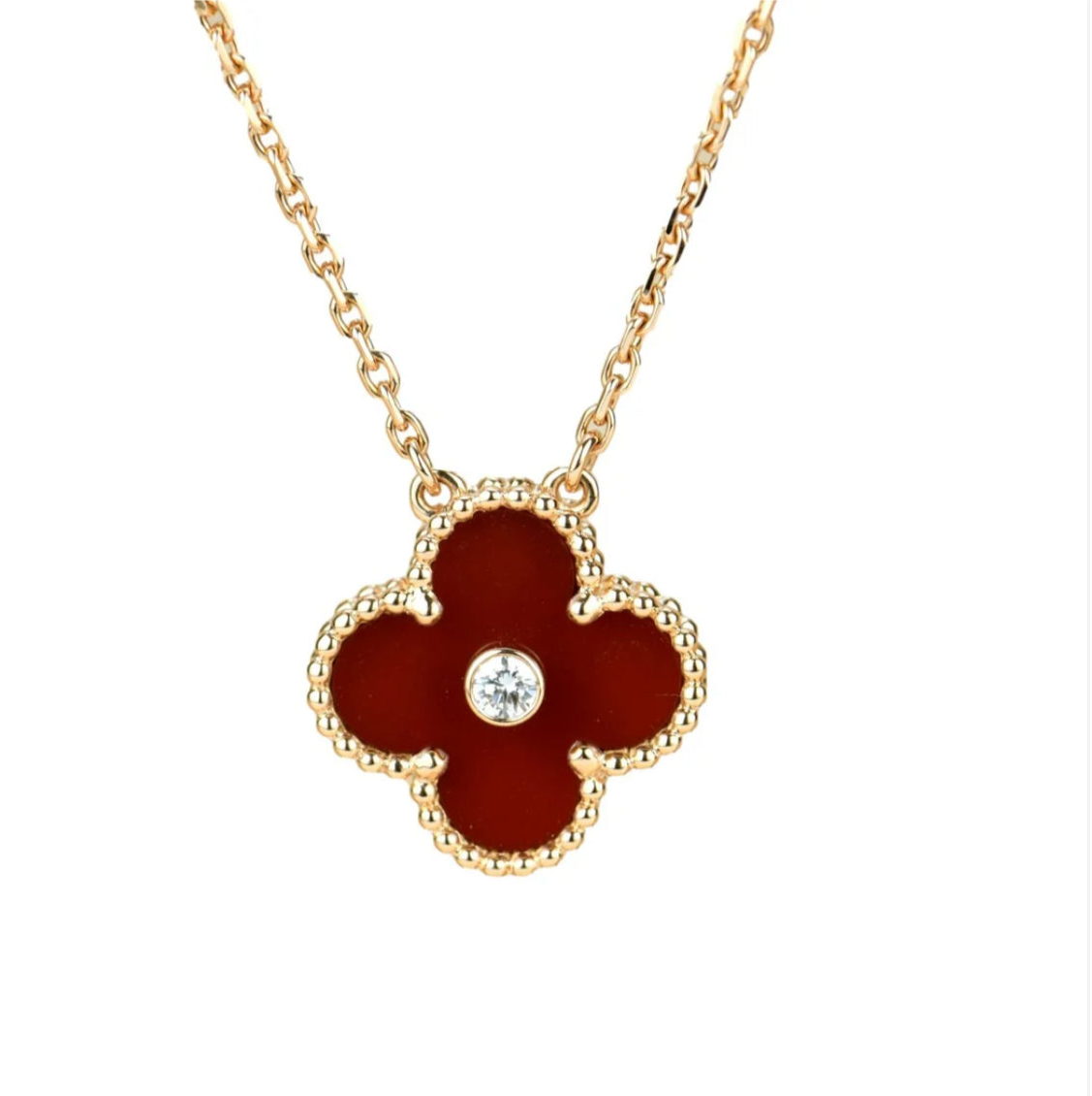 Eternal Red Carnelian Diamond Single Clover Necklace, 18k Gold Plated, 925 Sterling Silver