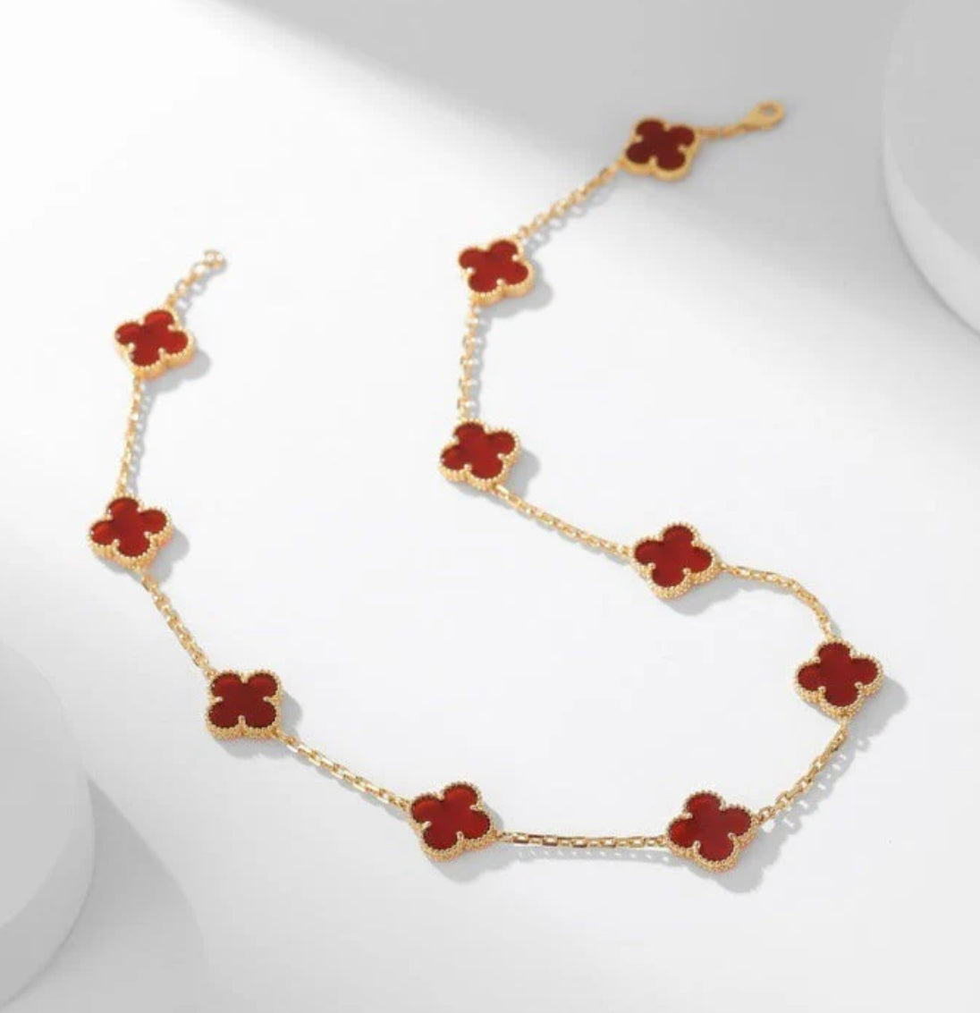 Eternal 10 Motifs Red Carnelian Long Necklace, 18k Gold Plated, 925 Sterling Silver