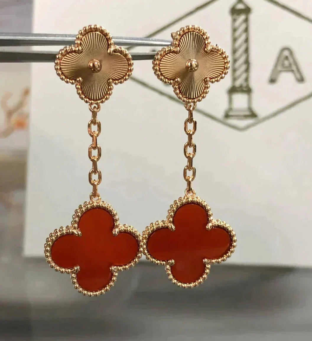 Eternal Double Clover Red Carnelian Gold Earrings, 18k Gold Plated, 925 Sterling Silver