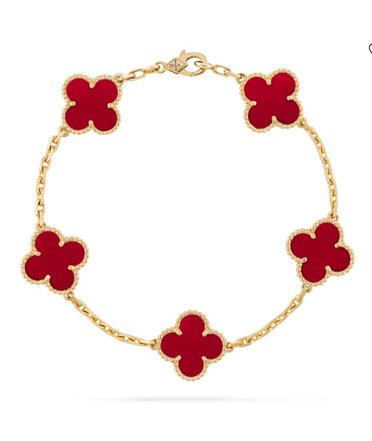 Eternal Clover Red Agate Leaf Bracelet, 18k Gold Plated, 925 Sterling Silver