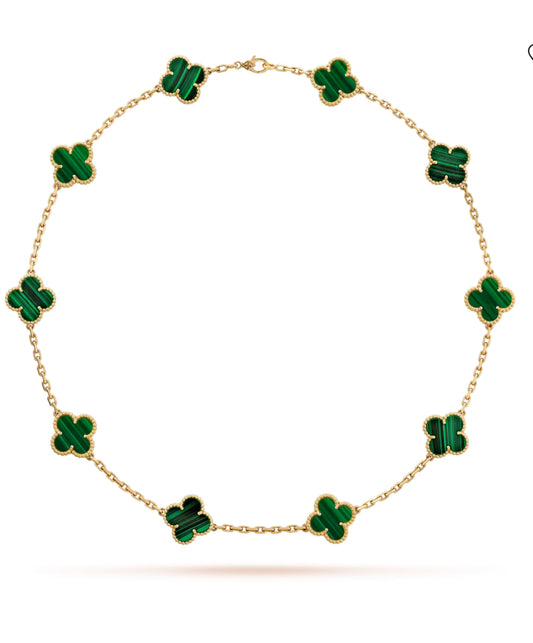 Eternal 10 Motifs Green Malachite Necklace, 18k Gold Plated, 925 Sterling Silver