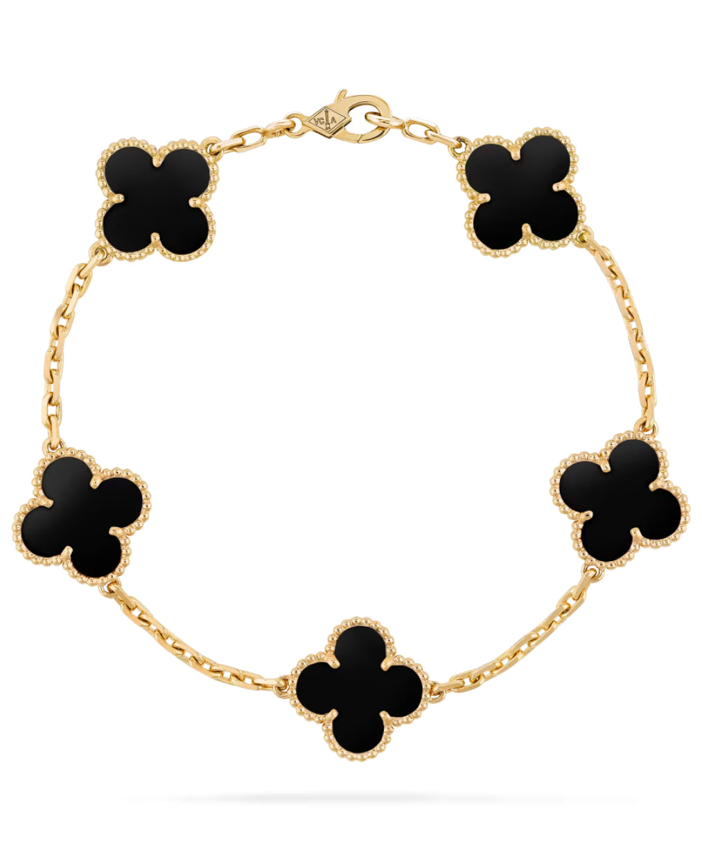 Eternal Clover Leaf Onyx Black Bracelet, 18k Gold Plated, 925 Sterling Silver