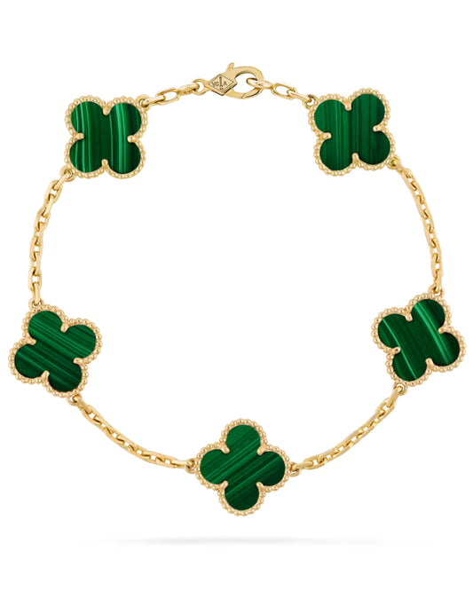 Eternal Malachite Clover Leaf Bracelet, 18k Gold Plated, 925 Sterling Silver